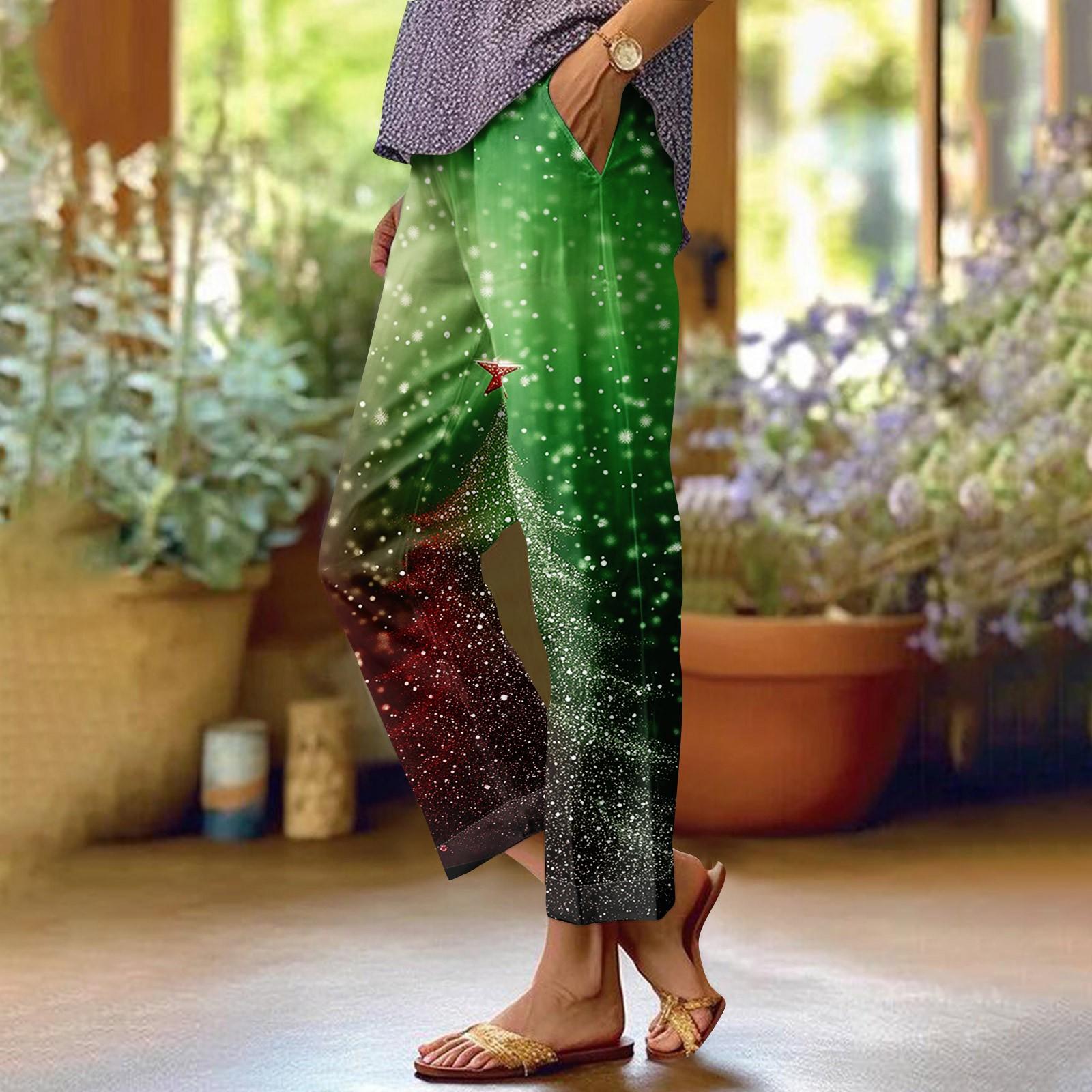 

Женские модные повседневные брюки с прямыми карманами и эластичной талией с рождественским принтом XXXXL