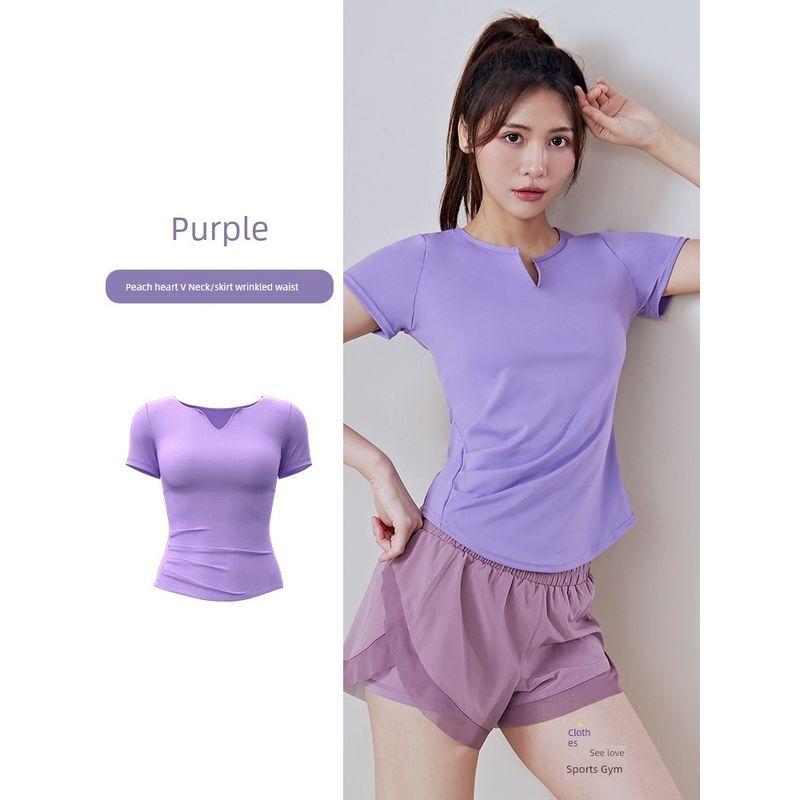 

Quick-Drying Yoga Clothes Women s Summer Suit Running Pilates Professional Workout Top Fancy Sports Short Sleeve T-shirt Thin Vine Purple XL [Suggested 57.50 kg-65.00 kg]]