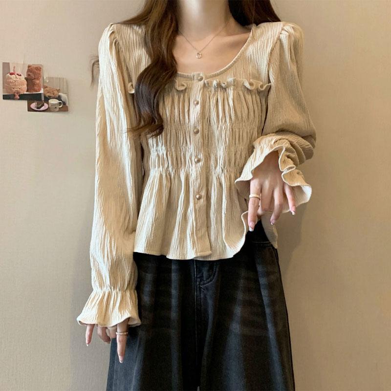 French Style Vintage Folds Shirt Spring Autumn New Single-breasted Women's Elegant Square Collar Fashion Ruffles Blouse