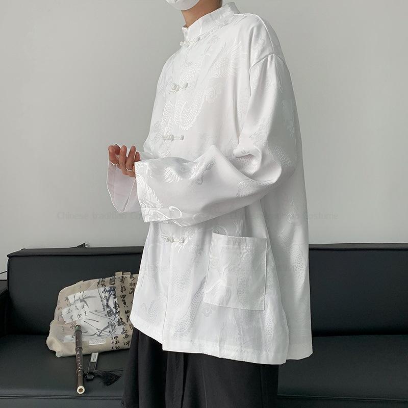 Retro Jacquard Shirt Men Chinese Style Top Satin Kungfu Blouse Long Sleeve Tradition Button Down Male Tai Chi Costume