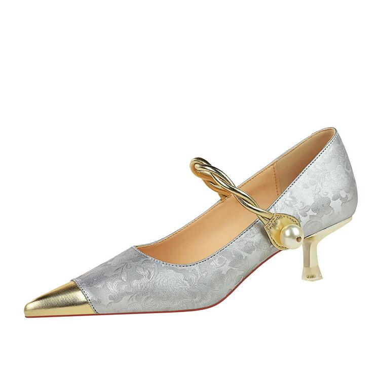 Fashion Retro Style Metal Mid Heel Splicingd Color Matching Single Shoe Temperament Mary Jane Pearl Chain Banquet Commuter Women Shoes