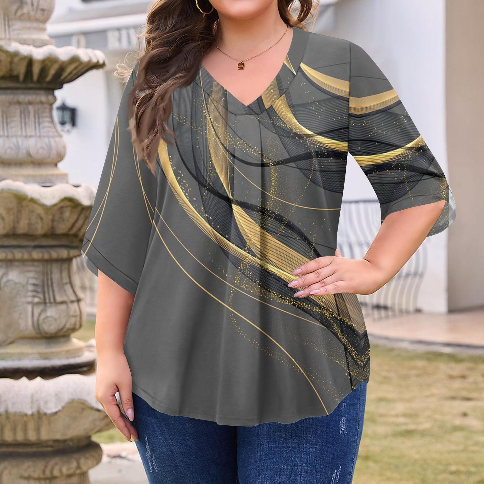 

Женская модная блузка большого размера с принтом, V-образным вырезом и рукавом три четверти XXL