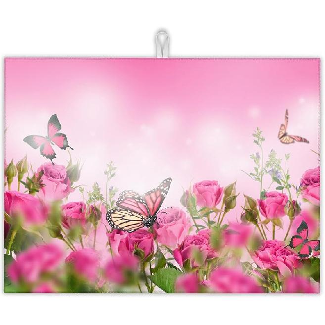 Pink Strawberry Dish Drying Rack Mat for Kitchen Counter,Cute Flowers Dish Drying Pad Absorbent Reversible Microfiber Protector for Coffee Bar Sink