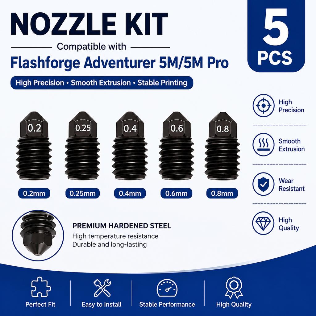 For Flashforge Adventurer 5M (AD5M) Hot End, Brass Nozzle & Hardened Steel Nozzle Kit, Bore Sizes: 0.2mm / 0.25mm / 0.4mm / 0.6m