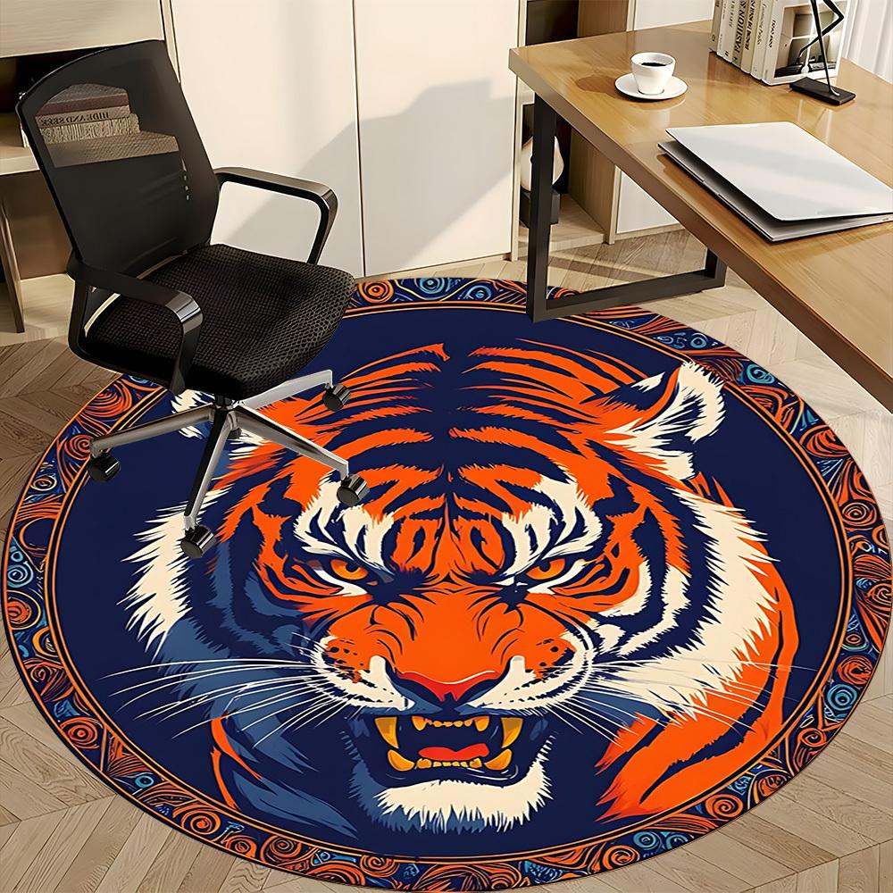 1pc Tiger Face Chair Carpet for Office, Round Polyester Mat, Indoor Decor for Office, Easycare Fabric, Washable Non-slip Area Carpet