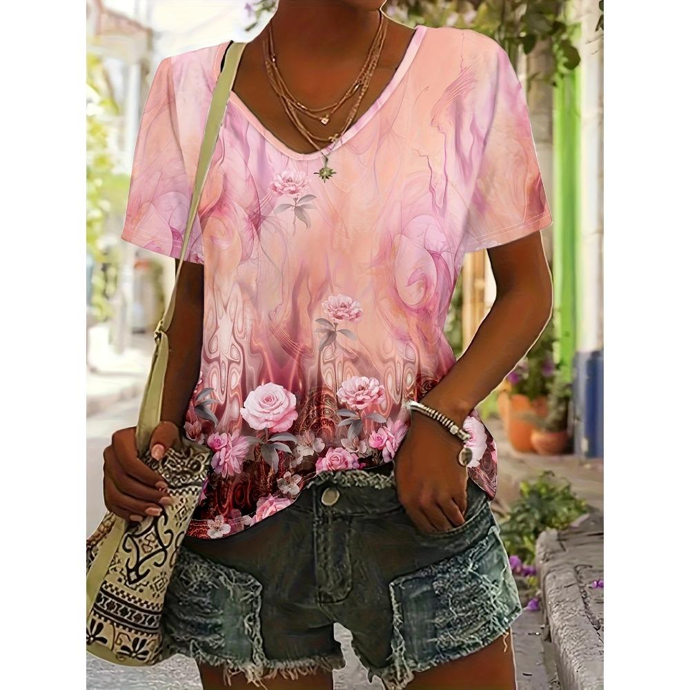 

Spring and summer floral print T-shirt V-neck casual 5XL