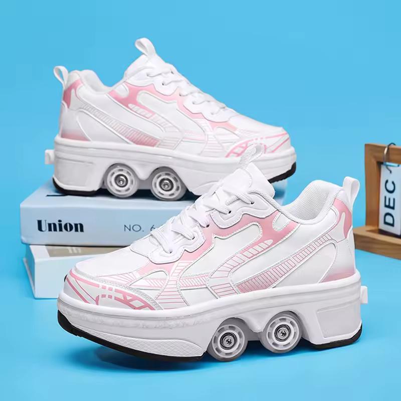 Double Row Quad Roller Skates for Teens-Retractable Wheels Lace-Up Leather Material Shoes Unisex Youth Gift