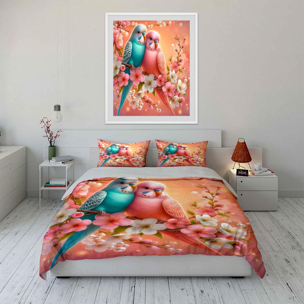 "Parrot Blossom Canvas Art Set" Bedding Set with 1 Duvet Cover 2 Pillowcases Single Double King Queen, Gift