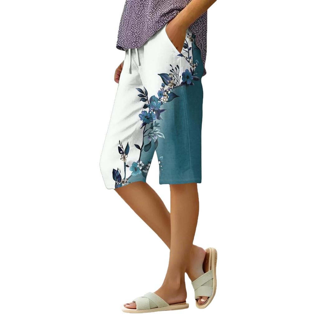 Women's Summer Elasticated Tie Waist Floral Cotton & Linen Loose Shorts