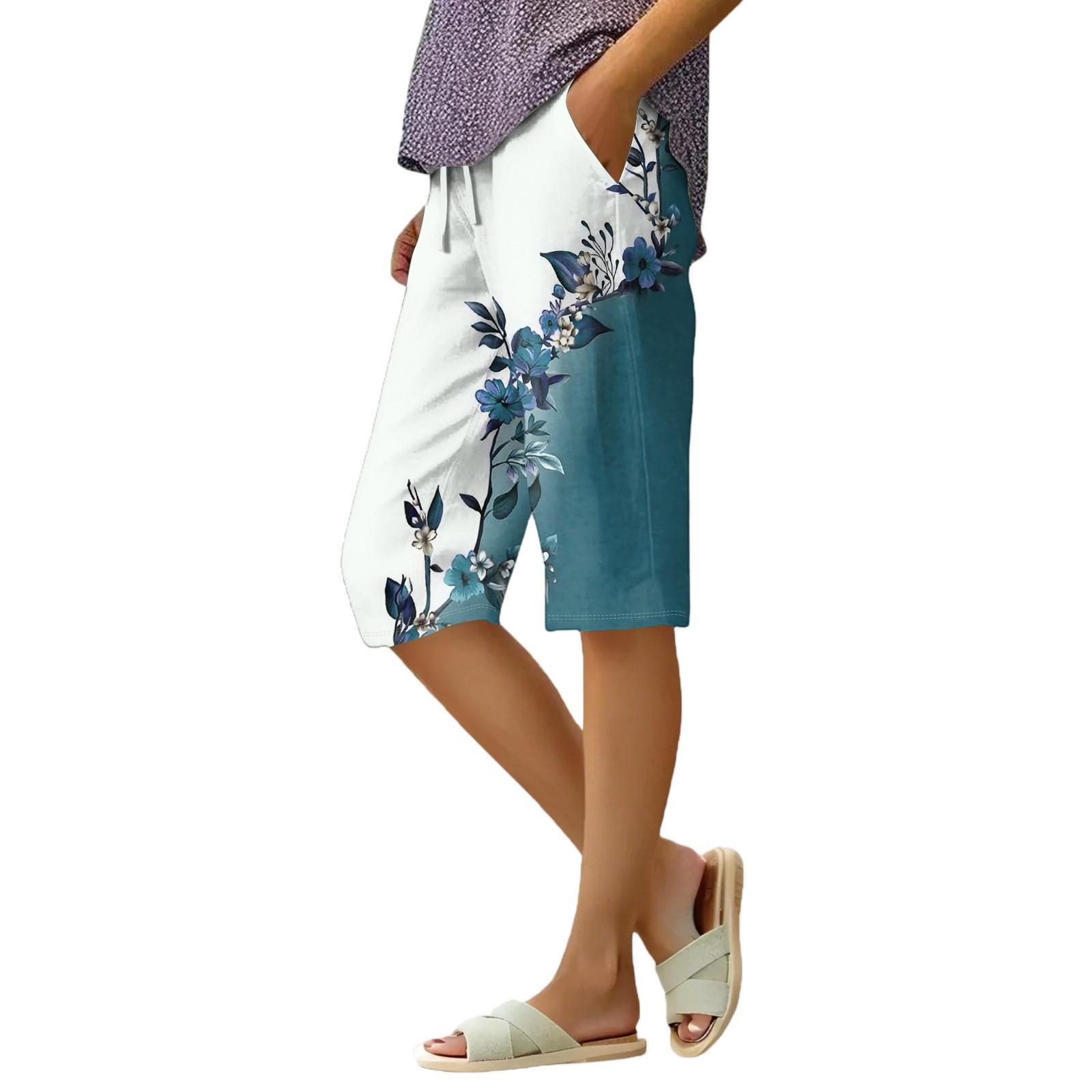 

Жіночі літні еластичні шорти з квітковим принтом з бавовни та льону вільного крою з зав язкою на талії XXL Темно-синій