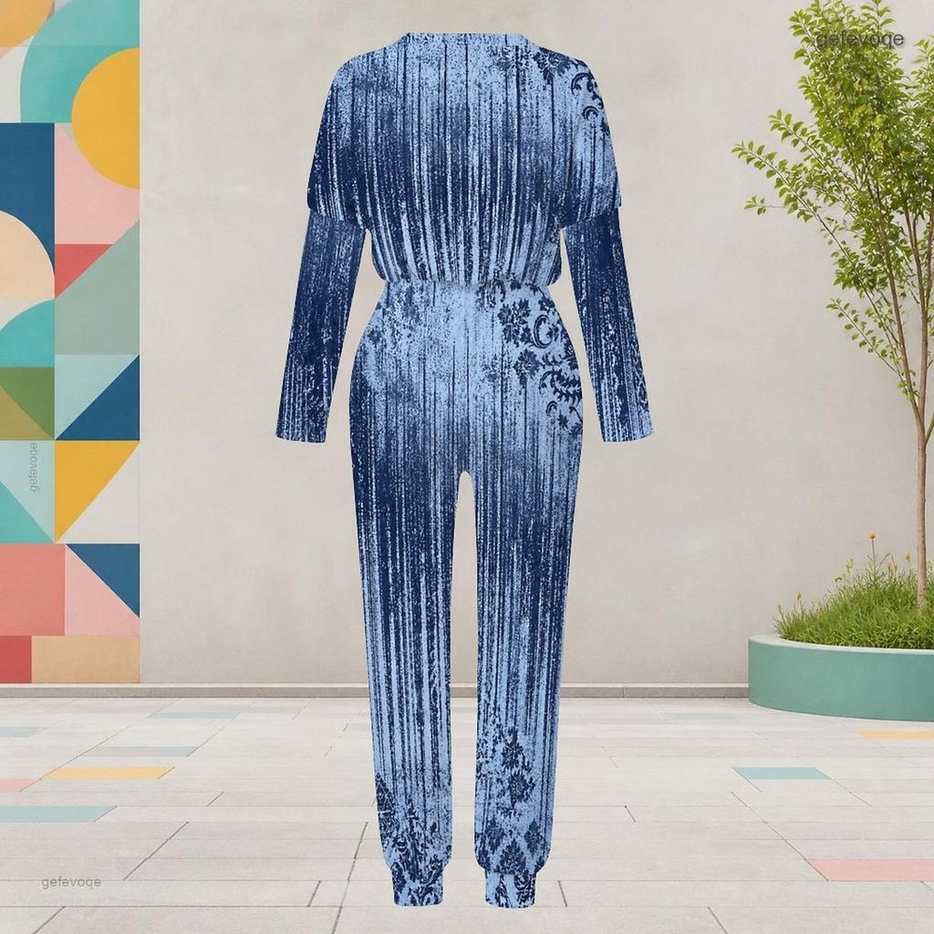 Women Plus Size Printed Round Neck Long Sleeve Cuffed Top And Cuffed Pants Two Piece Set With Pockets