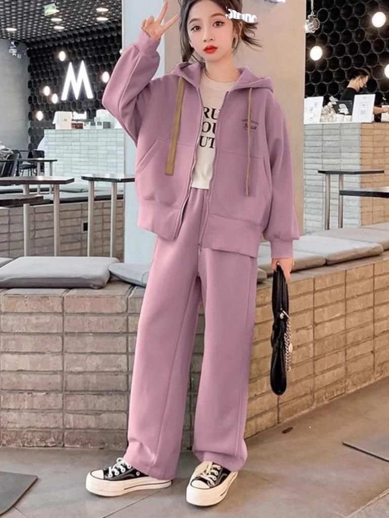 Girls' Autumn Sporty Set: Hooded Sweatshirt & Wide-Leg Pants Two-Piece