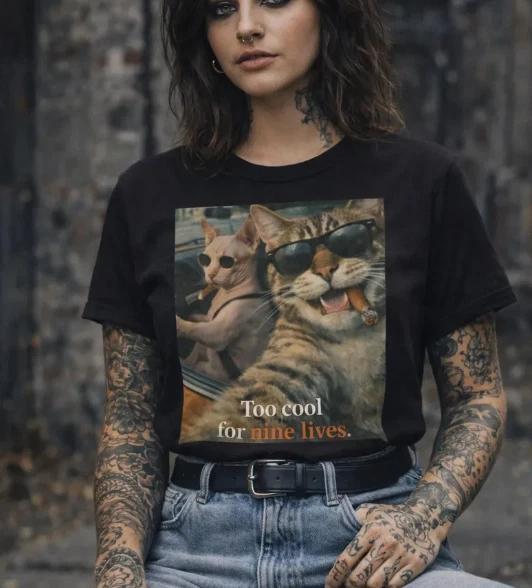 

Retro Cats T-Shirt, Sphynx Tabby Meme, Dark Humor Cotton Tee M