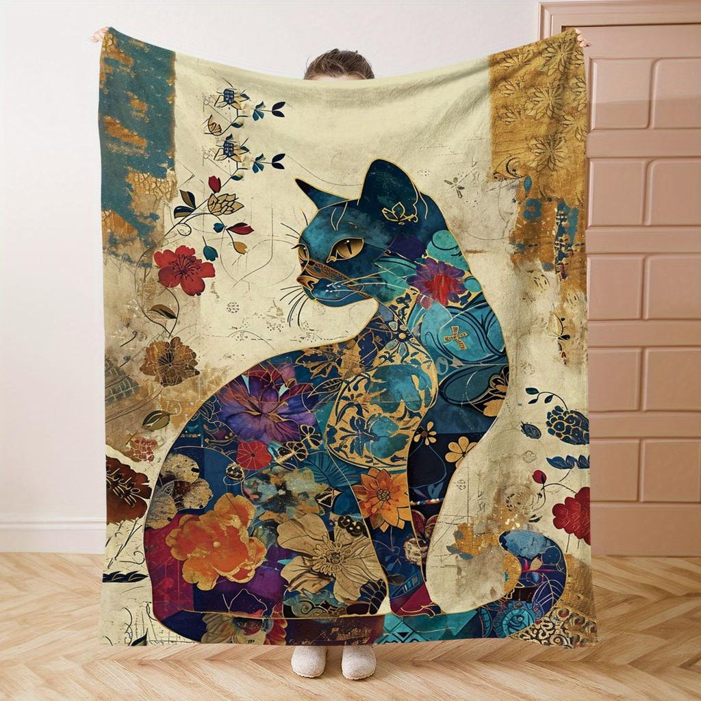 Artistic Cat Blanket - Soft Cozy Throw with Vibrant Floral Design, Perfect for Home Decor, Unique Gift for Art Lovers