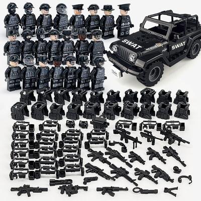 Vojenská stavebnica Čierne policajné auto Policajt Bábika Hračka na skladanie z malých častíc Vrecko