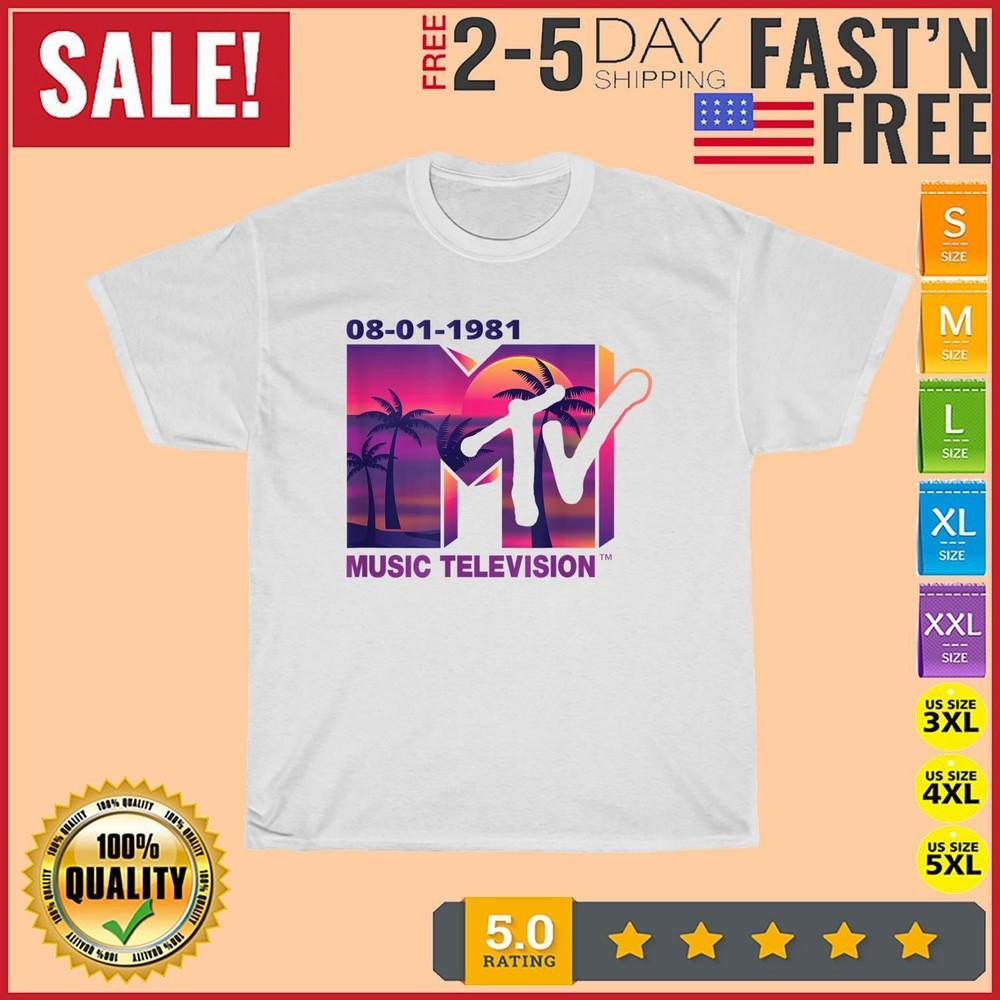 The Official 1981 MTV Logo with Purple Palms In the Sunset T Shirt Men Women Kid
