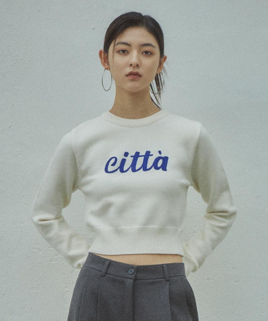 CITTA Chain Stitch Logo Round Semi-Crop Knit_Ctk202 (White)