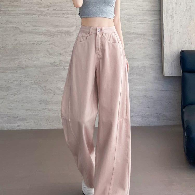 Women's Pink Tencel High-Waisted Wide-Leg Jeans - Summer 2026 Collection, Loose Ice Silk, Floor-Length Straight Pants.