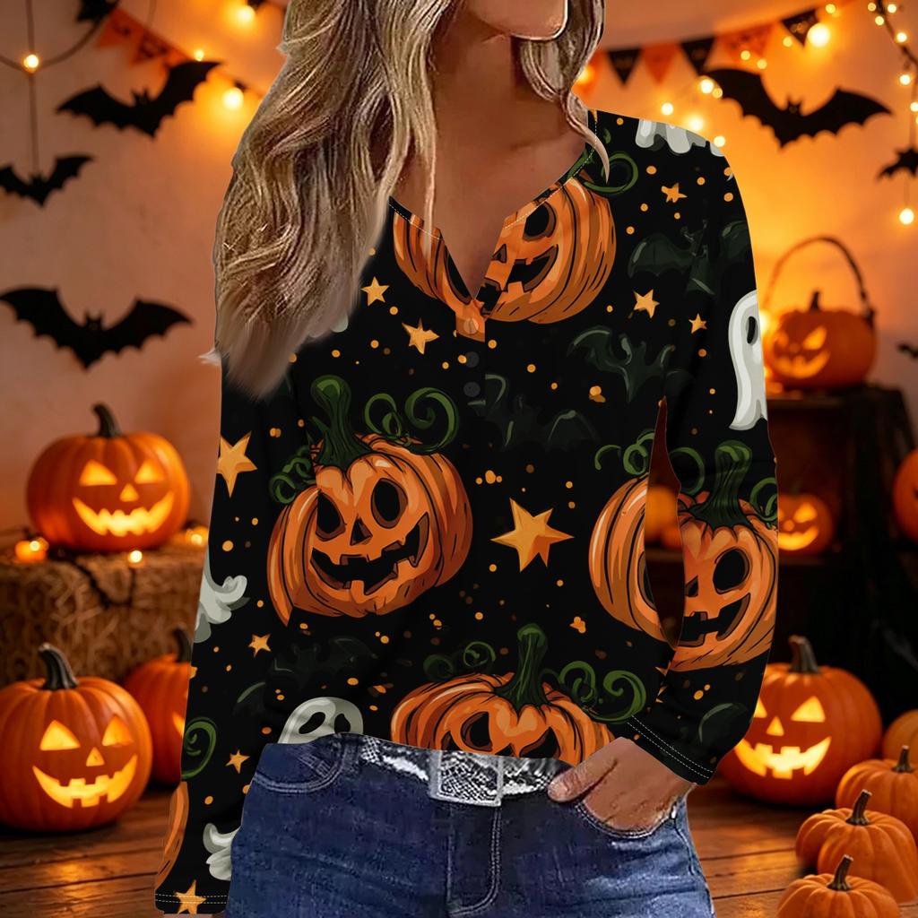 Women's Long Sleeve V Neck T Shirt Halloween Print Button Detail Casual Top Lightweight Soft Fabric Comfortable Fit