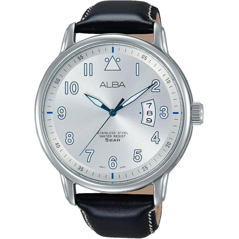 

Seiko Alba AS9B31X1 Quartz Men s Analog Watch with Date Calendar Silver Blue Black Leather Strap