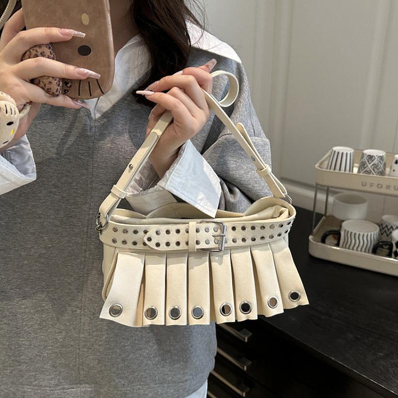 Fashion Y2k Studded Shoulder Bag Ruffled Skirt Belt Buckle Design Women Exquisite Versatile Handbag Cool Metallic Crossbody Bag