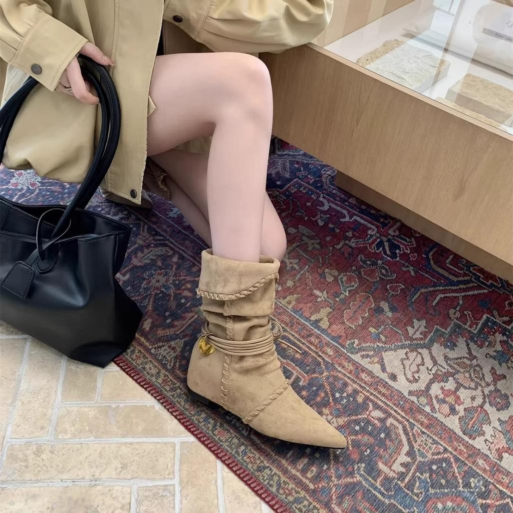 Inner Height Increasing Pointed Suede Skinny Medium Tube Knight Boots Women's Boots 2025 Fall Winter Western Cowboy Pile Boots