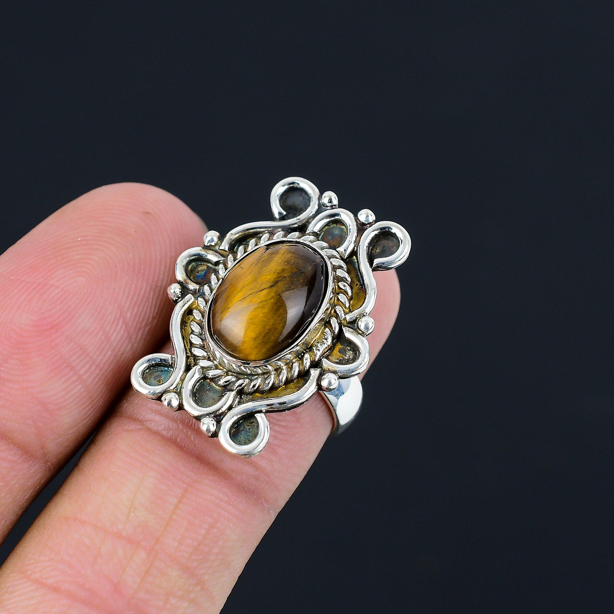 Natural Tiger Eye Mother Statement Sacral Chakra Ring 925 Sterling Silver US 7 7