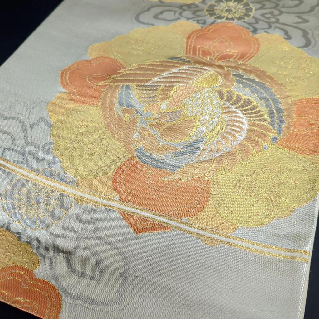 Used H-578 Fukuro obi, pure silk, six pieces, gold thread, silver thread, flower pattern, phoenix, untailored