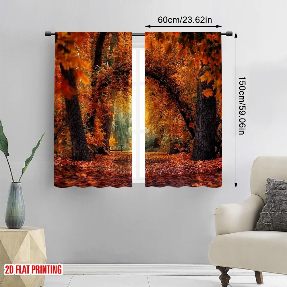 2pcs 2D flat printing St.Patrick's Day Curtain Bright orange and yellow autumn leaves 100% Polyester Without Electricity Family