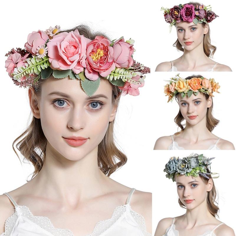 Bride Flower Headband Floral Garland Headpiece Bohemian Flower Crown Headband Boho Bridal Flower Wreath Hair Hoop