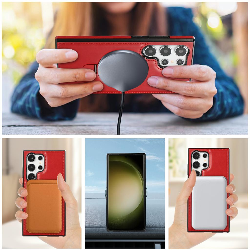 For Samsung Galaxy S23 Ultra Case Magnetic Kickstand PU Leather Coated PC + TPU Phone Cover