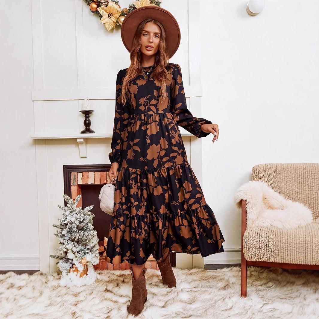 

Женское платье миди с оборками по подолу и рукавами-фонариками для осени или весны XX-Large