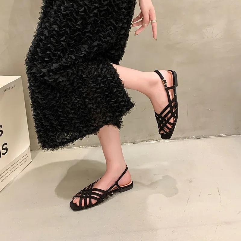 2024 New Hot Selling Solid Color Versatile Comfortable Open Toe Women's Sandals Square Toe Thin Strap Combination Zapatos Mujer