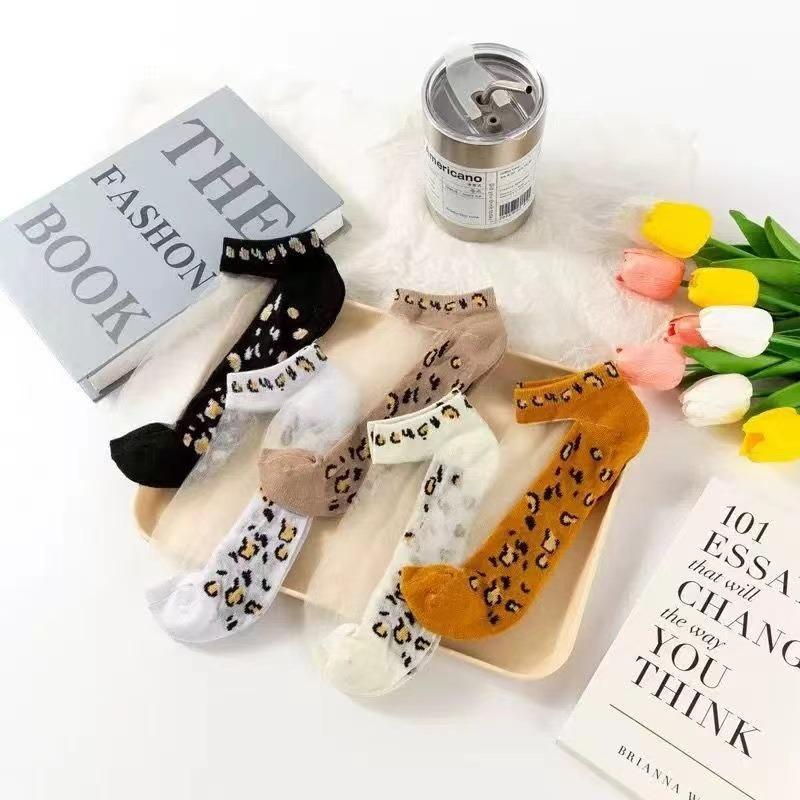 5 Pairs Of Womens Slass Filament Fiber Spring And Summer Thin Transparent Leopard Socks Polyester Sock Sole