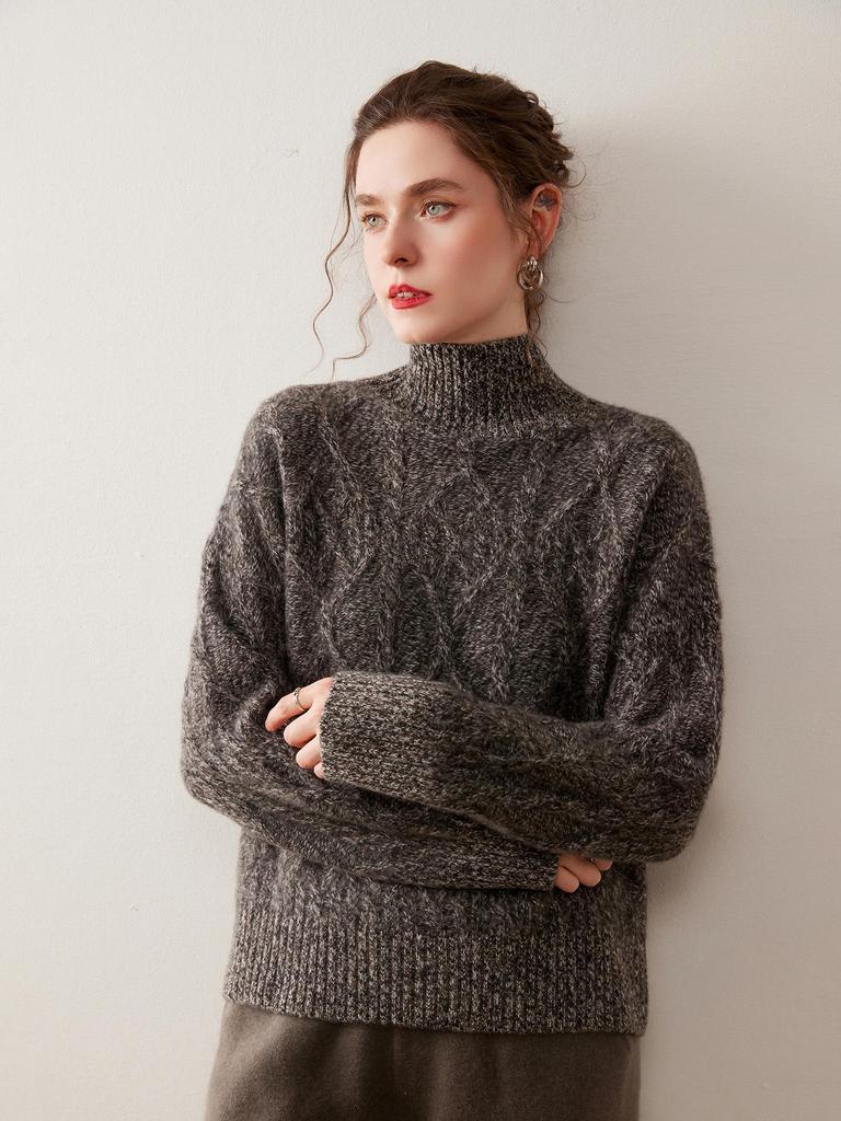 Elegant Goddess Floral Cashmere Sweater - 2025 Autumn/Winter Women's Half-High Neck, Diamond Pattern Knit