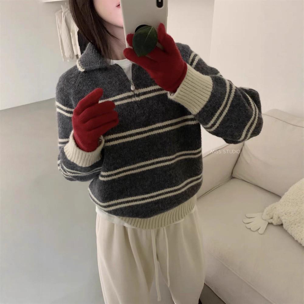 Korean-Style Striped Polo Collar Loose Thick Top for Autumn/Winter Women