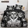 Skull Duvet Cover Queen Size Microfiber Vintage Sugar Skull Girl Day Of The Dead Bride With Dark Color Roses Graphic Bedding Set