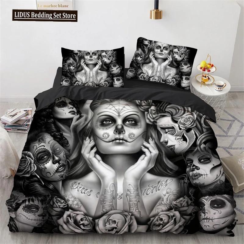 Skull Duvet Cover Queen Size Microfiber Vintage Sugar Skull Girl Day Of The Dead Bride With Dark Color Roses Graphic Bedding Set
