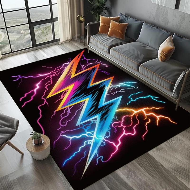 Neon Lightning Bolt Pattern Area Rug Trendy Cyber Style Non-Slip Floor Mat for Living Rooms Game Spaces