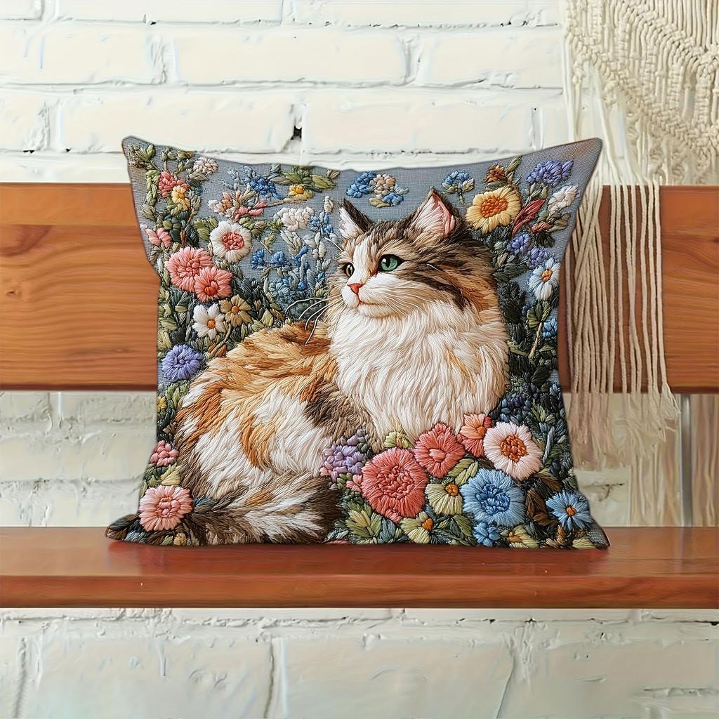 Animal Series Plush Cat Flower Pattern Pillow Cover For Living Room Decor
