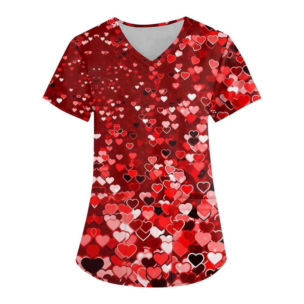 Nurse Uniform Love Heart Print Pocket V-Neck Nursing Scrubs Tops Workwear Women's T-shirts