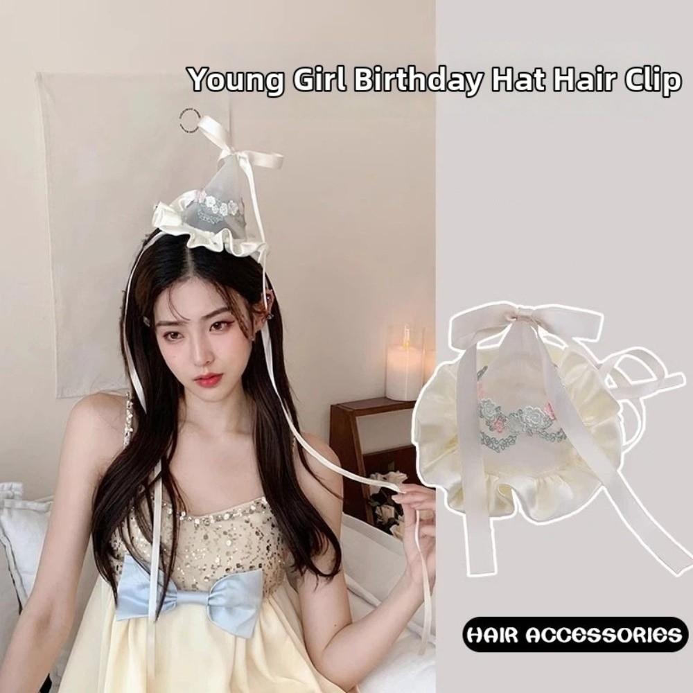 Cute Style Embroidery Mesh Birthday Hat Cone Hats with Ribbon Princess Hat Hair Clips Flower Knot Headband Kids Photography