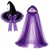 Satin Bow Halloween Witch Hat Cloak Set Hooded Mesh Halloween Cosplay Hooded Cape  Costume Accessor