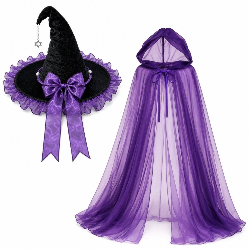 Hooded Mesh Halloween Witch Hat Cloak Set Satin Bow Halloween Cosplay Hooded Cape Costume Accessor фиолетовый