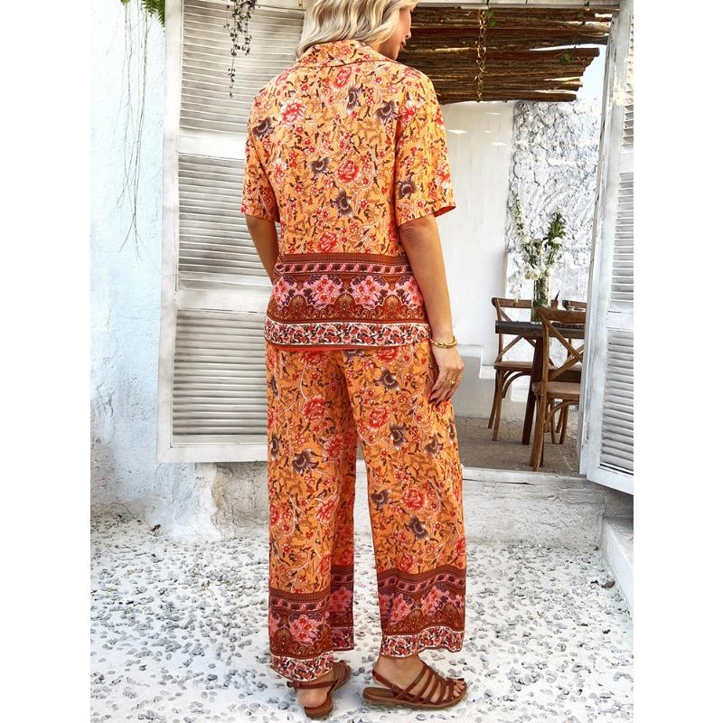 Women's Summer Print Contrasting Color Bohemian Vacation Short-sleeved Long Trousers Set