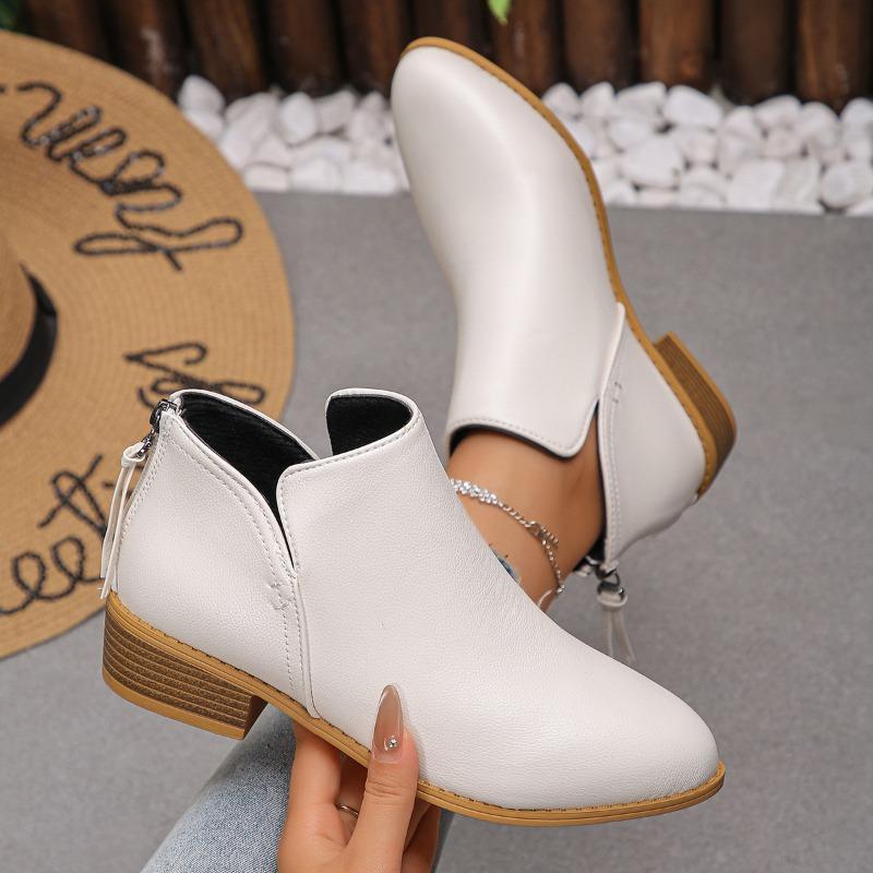Large size leather boots women's boots solid color thin pointed rear zipper casual thick sole thick heel Martin boots women's single