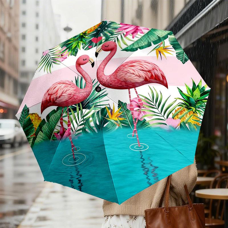 1pc Flamingo Tropical Automatic Folding Umbrella, Heavy Duty 8 Rib Iron Frame,  Suitable for Travel, Daily Use, Birthday, Decor Gift m0104045