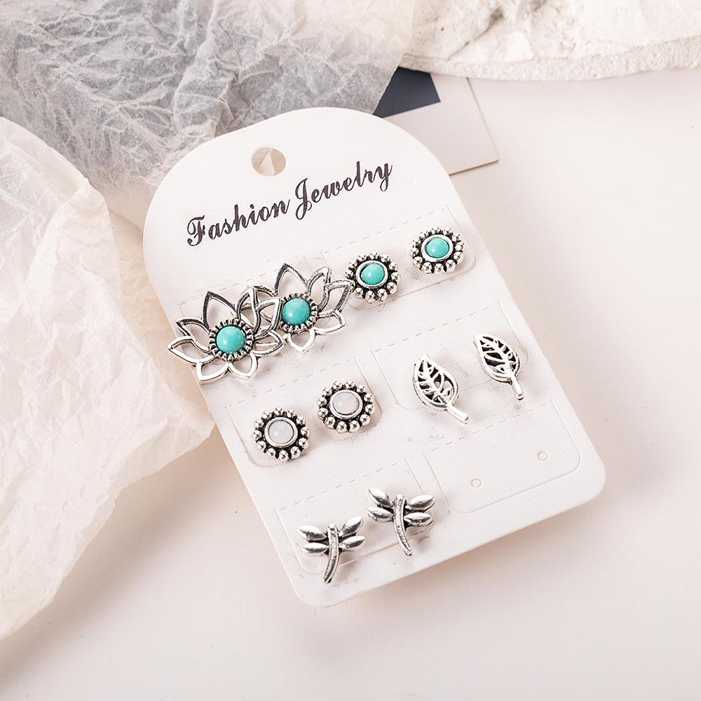 Retro Dragonfly Leaf Earrings Set: 5 Pairs with Micro-Inlaid Turquoise
