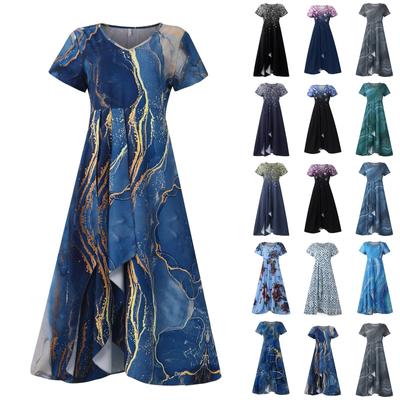 Women's Casual Printed V-Neck Zip Short Sleeve Paneled Large Long Dress