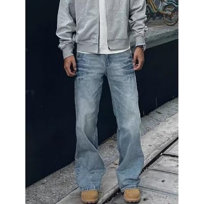 High Street Denim Pants For Men, Retro Distressed, Loose Straight Leg Pants, Wide Leg Sports Pants, Trendy